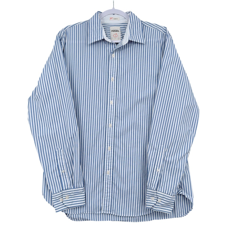 Fossil Button Down Shirt Mens L 100% Cotton Blue White Striped Classic Fit
